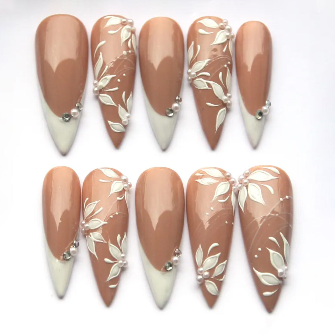 (Handmade) 10pcs/Set French White Flowers Press-On Nails