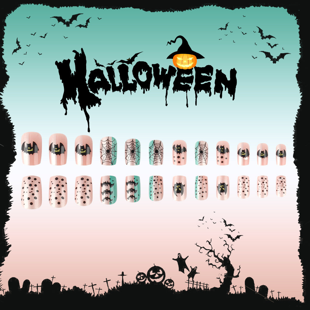24pcs/Set Halloween Glitter Spiderweb Bat Press-On Nails
