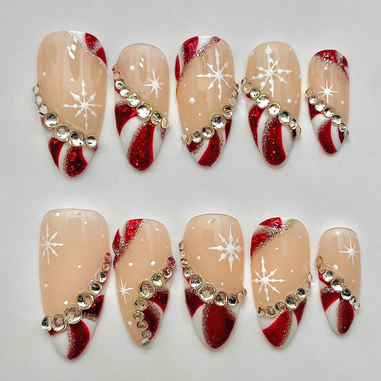 (Handmade) 10pcs/Set Christmas French Color Pinwheel Press On Nails