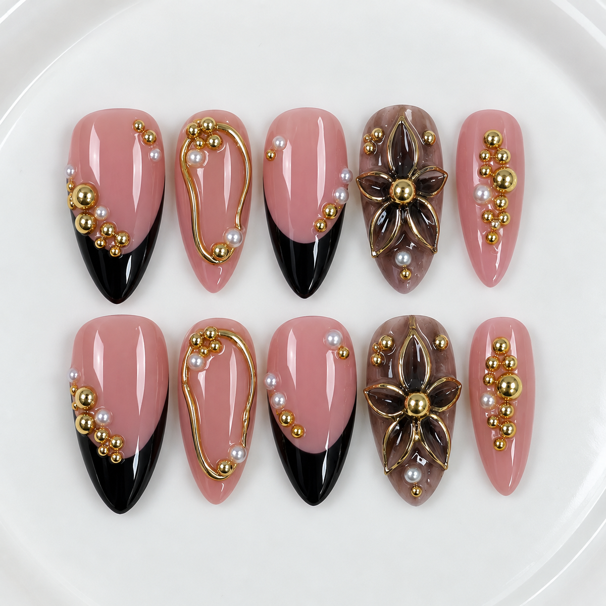 (Handmade) 10pcs/Set Gold Foil French Tips with 3D Flowers Press-On Nails