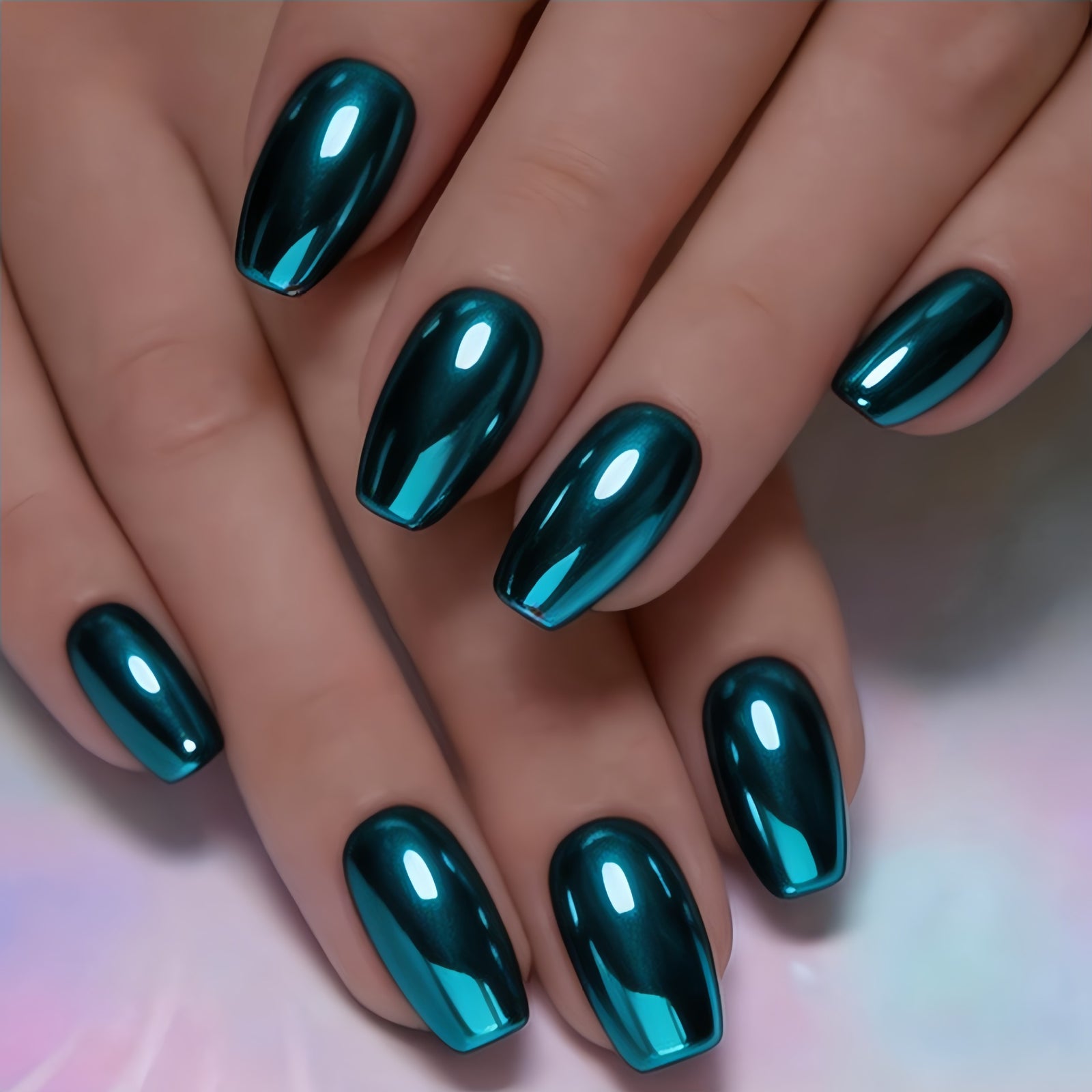 24pcs/Set Chrome Shiny Light Blue Press-On Nails
