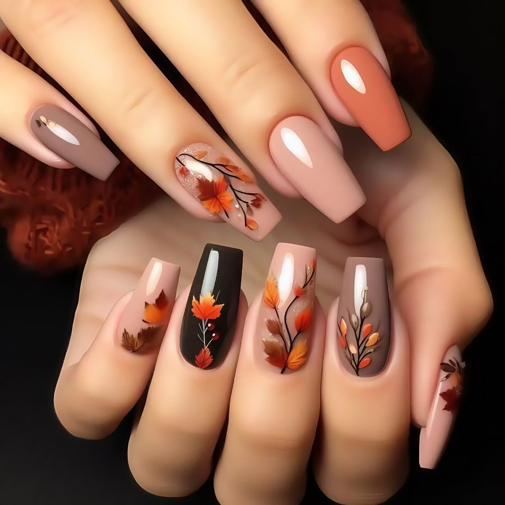 24pcs/Set Autumn Winter Maple Leaves and Branches Press-On Nails