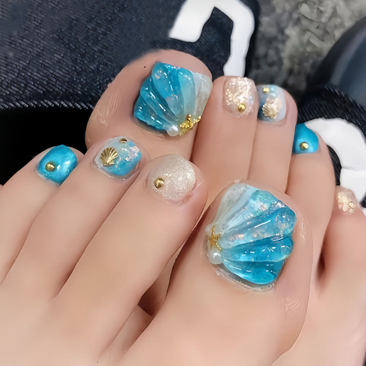 24pcs/Set 3D Blue Ocean Press On Toe Nails
