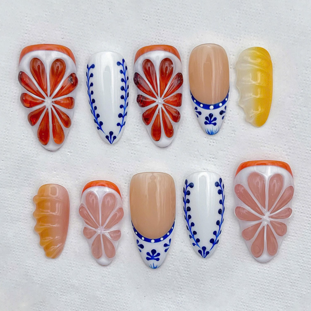 (Handmade) 10pcs/Set Citrus Orange Pink Blue Tile 3D Press-On Nails