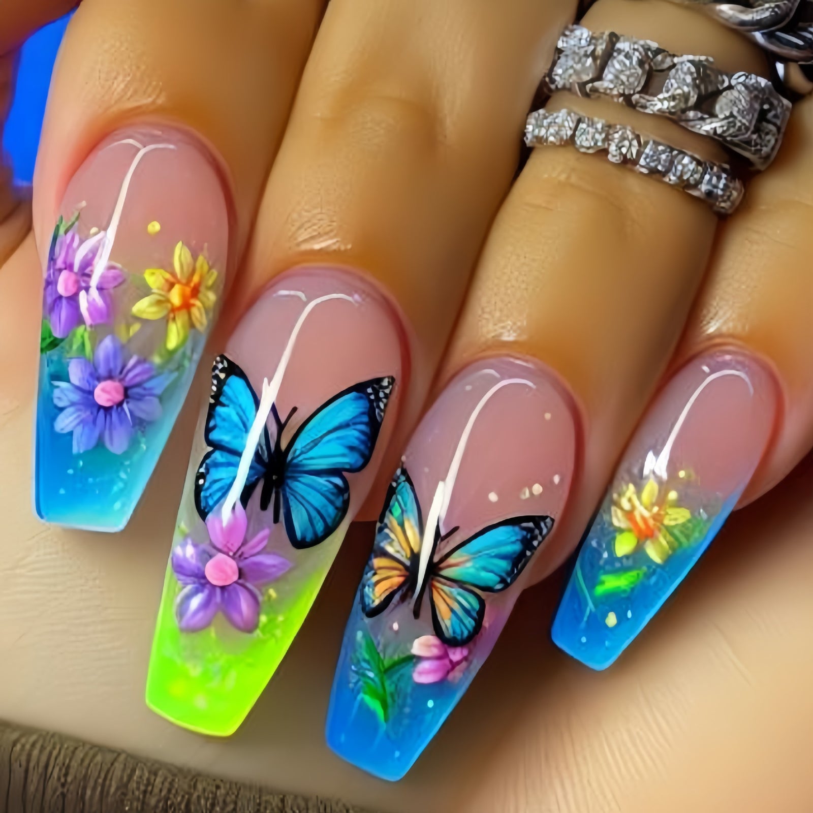24pcs/Set Green Butterfly Floral Press-On Nails