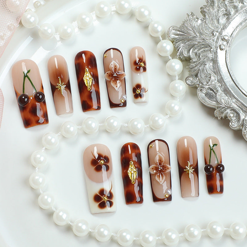 (Handmade) 10pcs/Set Brown Ombré with 3D Cherry Blossom Press-On Nails