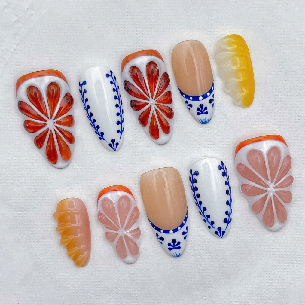 (Handmade) 10pcs/Set Citrus Orange Pink Blue Tile 3D Press-On Nails