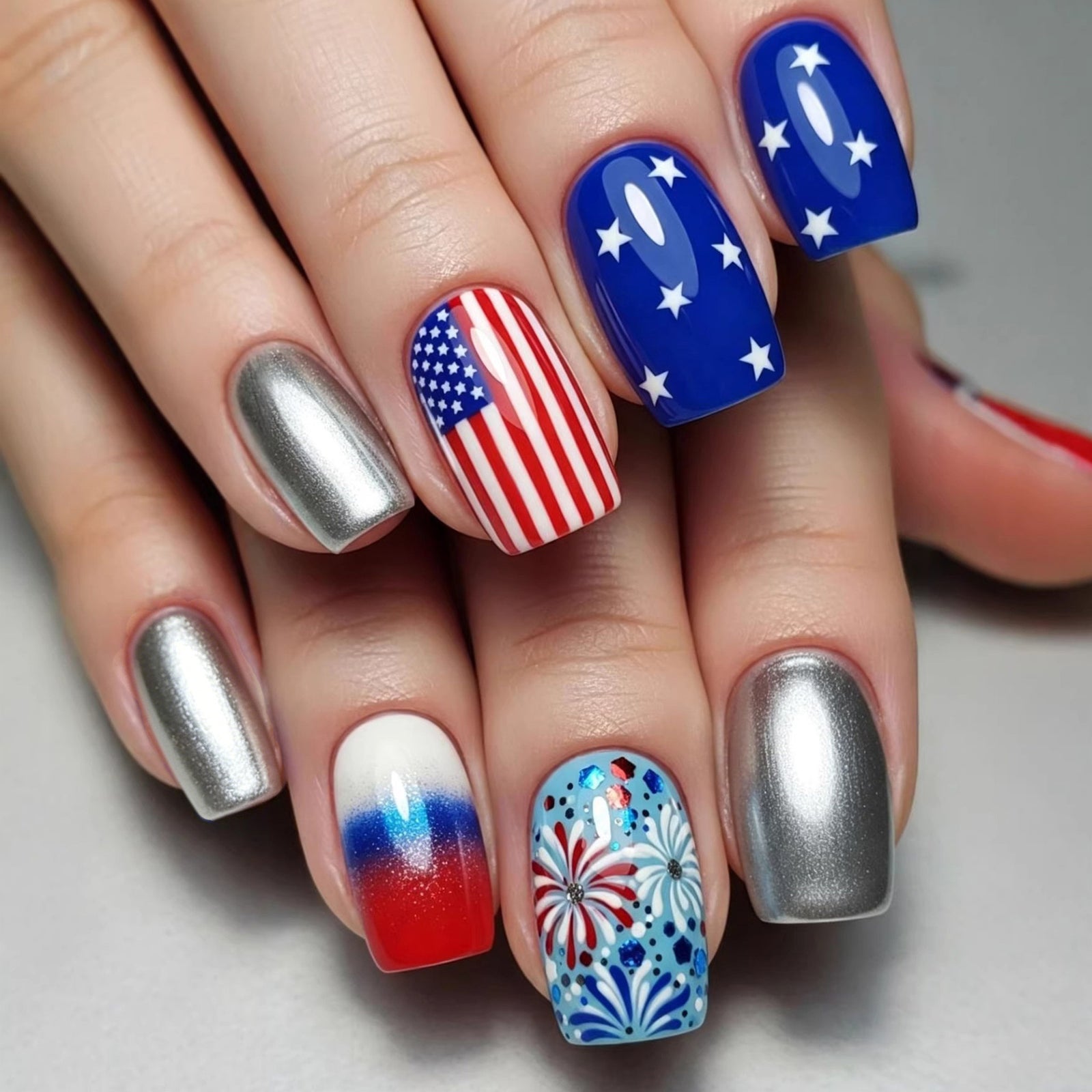 24pcs/Set Red White Blue Fireworks Flag Press-On Nails