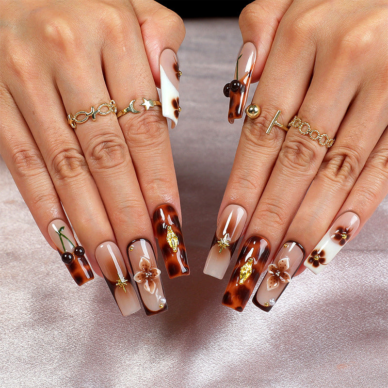 (Handmade) 10pcs/Set Brown Ombré with 3D Cherry Blossom Press-On Nails