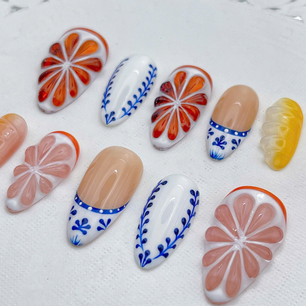 (Handmade) 10pcs/Set Citrus Orange Pink Blue Tile 3D Press-On Nails