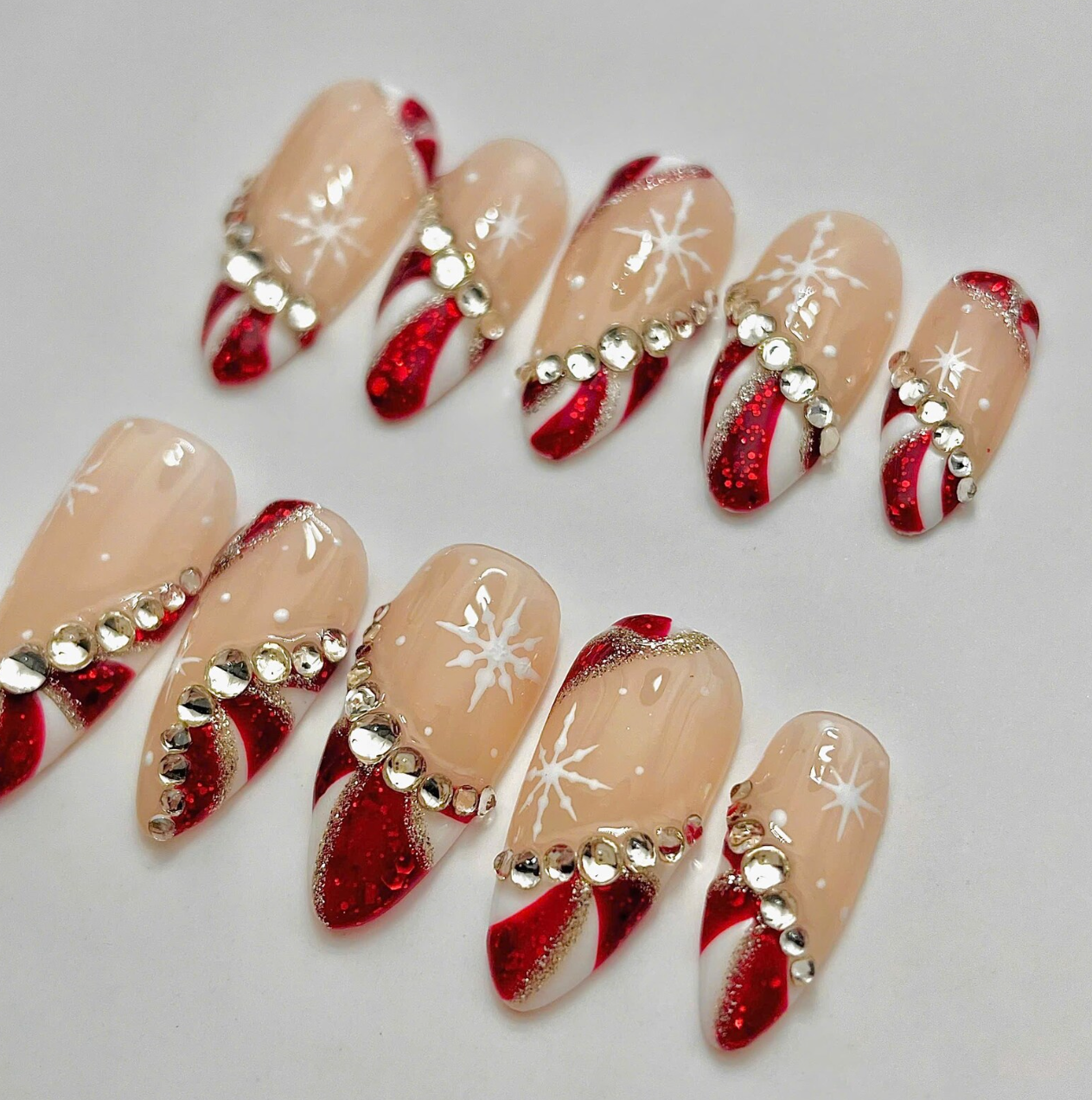 (Handmade) 10pcs/Set Christmas French Color Pinwheel Press On Nails