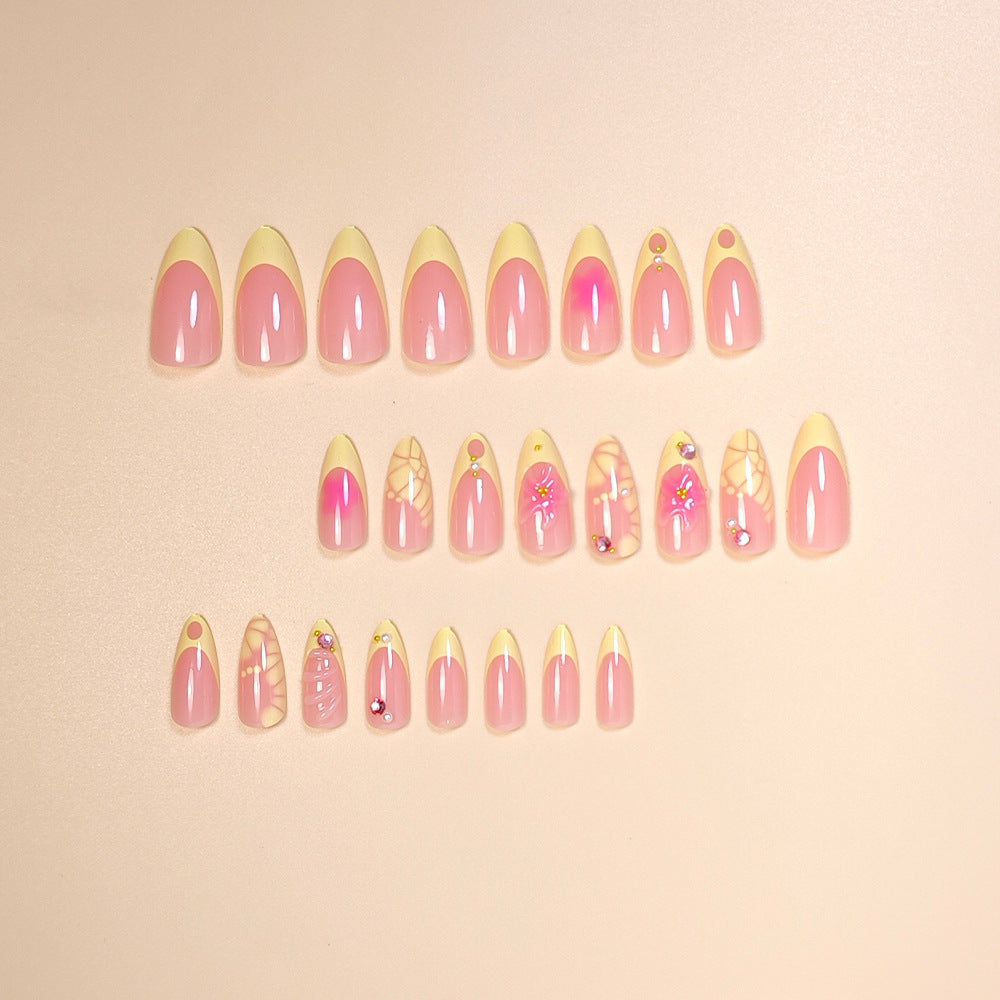 24pcs/Set Yellow French Tip with 3D Flowers Press-On Nails