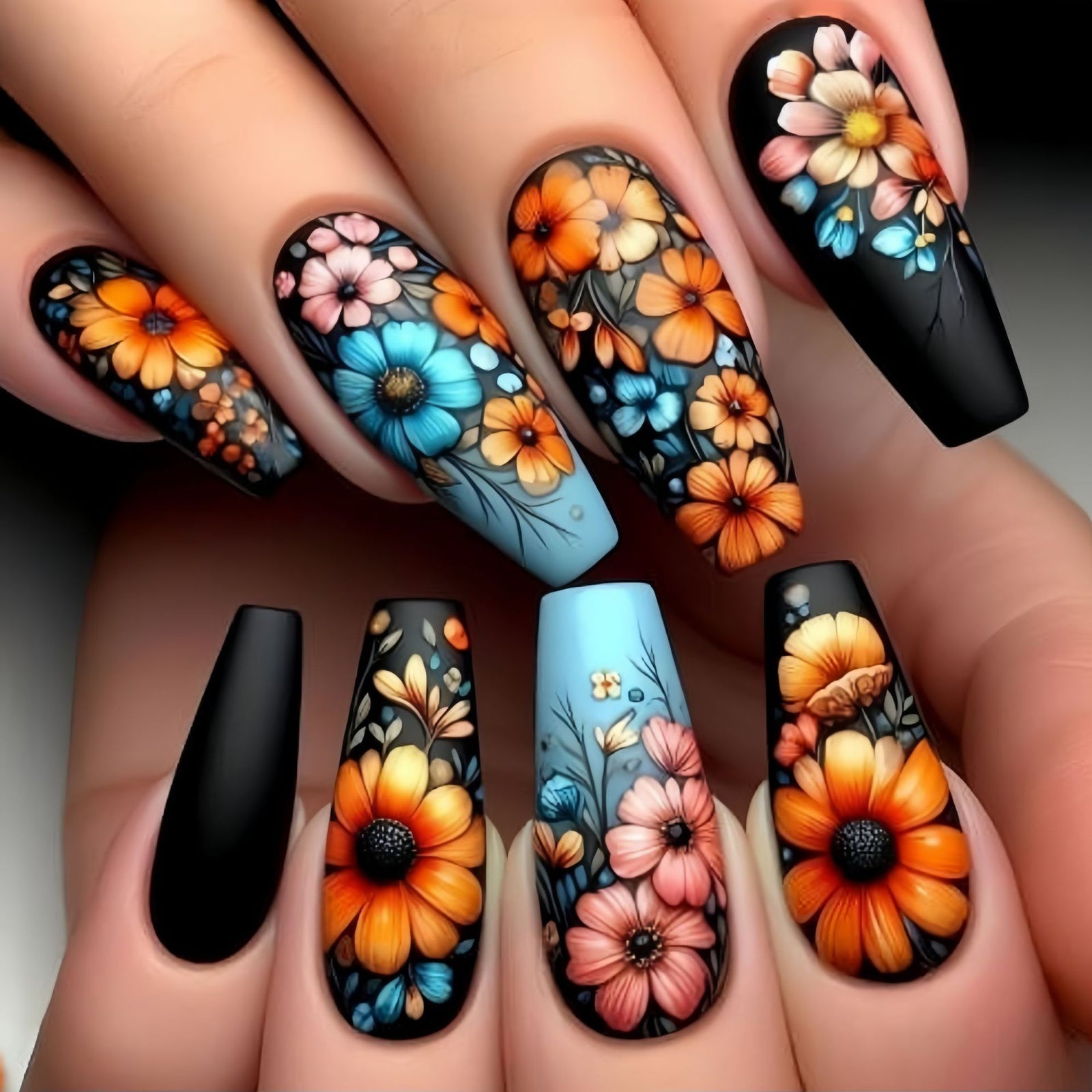 24pcs/Set Colorful Flowers Press-On Nails