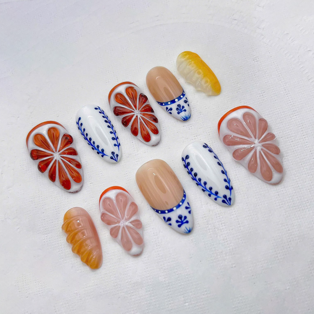 (Handmade) 10pcs/Set Citrus Orange Pink Blue Tile 3D Press-On Nails