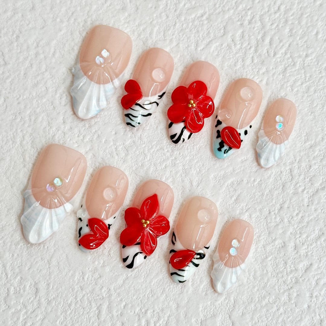 (Handmade) 10pcs/Set Shell Flower French Press-On Nails