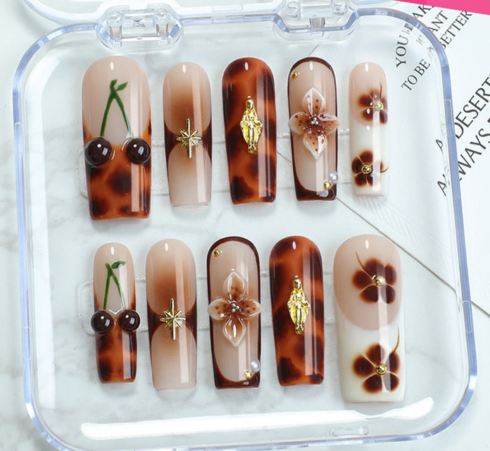 (Handmade) 10pcs/Set Brown Ombré with 3D Cherry Blossom Press-On Nails
