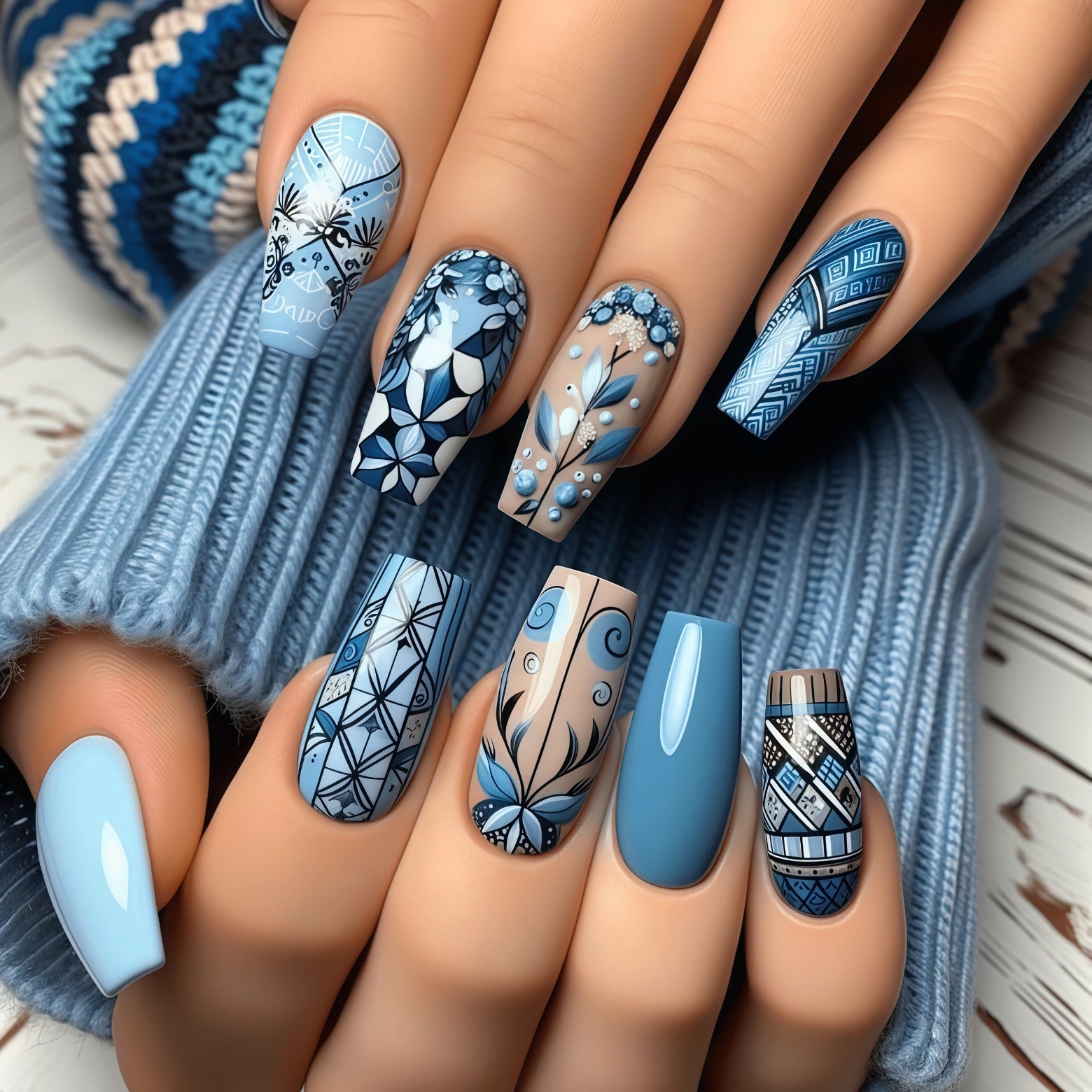 24pcs/Set Light Blue Geometric Floral Pattern Press-On Nails