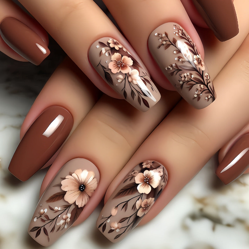 24pcs/Set Brown Flowers Press-On Nails