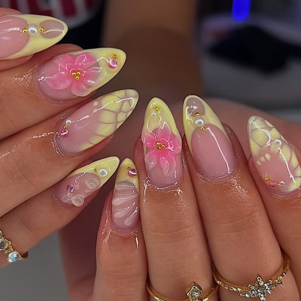 24pcs/Set Yellow French Tip with 3D Flowers Press-On Nails
