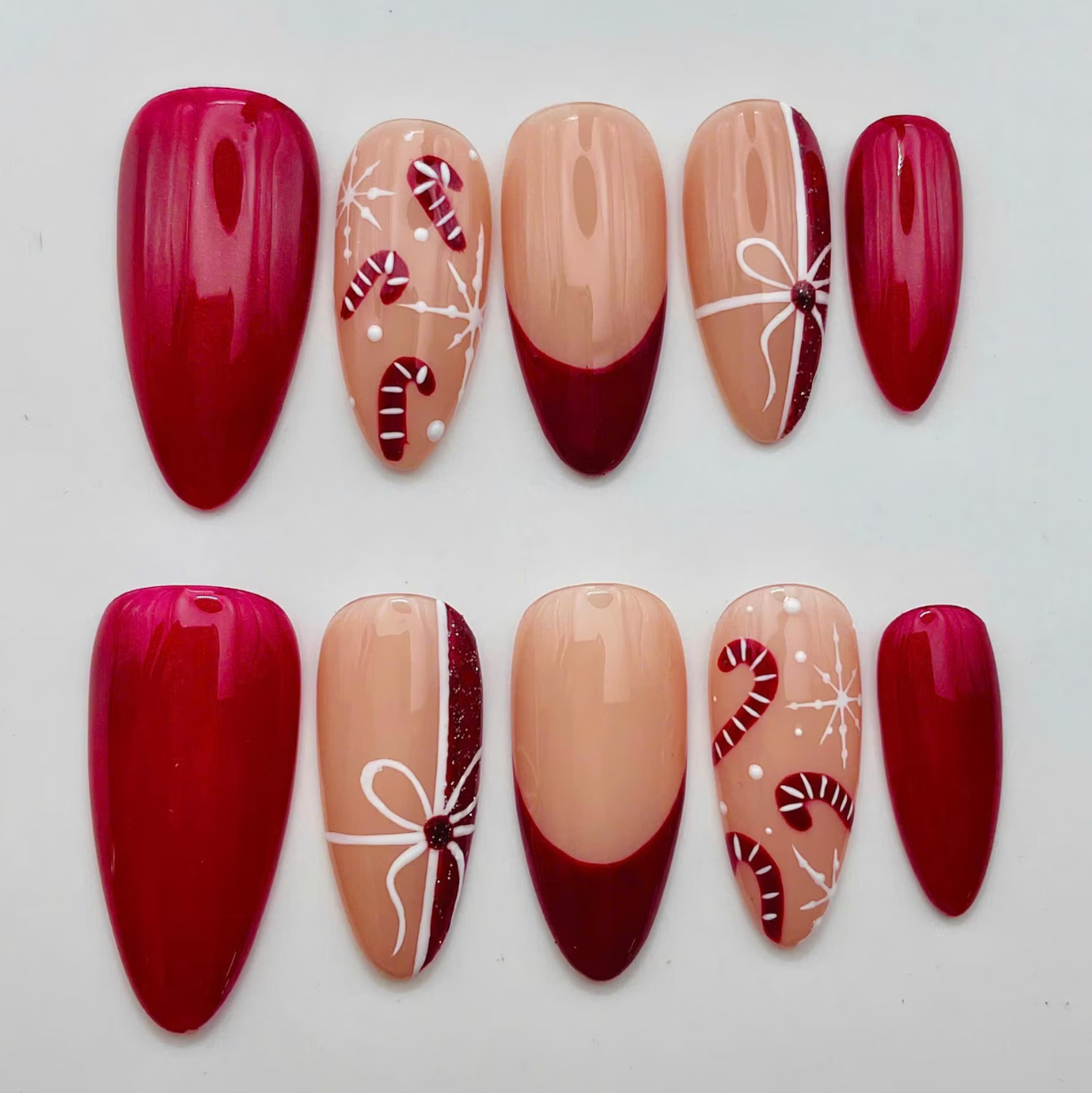 (Handmade) 10pcs/Set Christmas Candy Cane Bow French Press On Nails