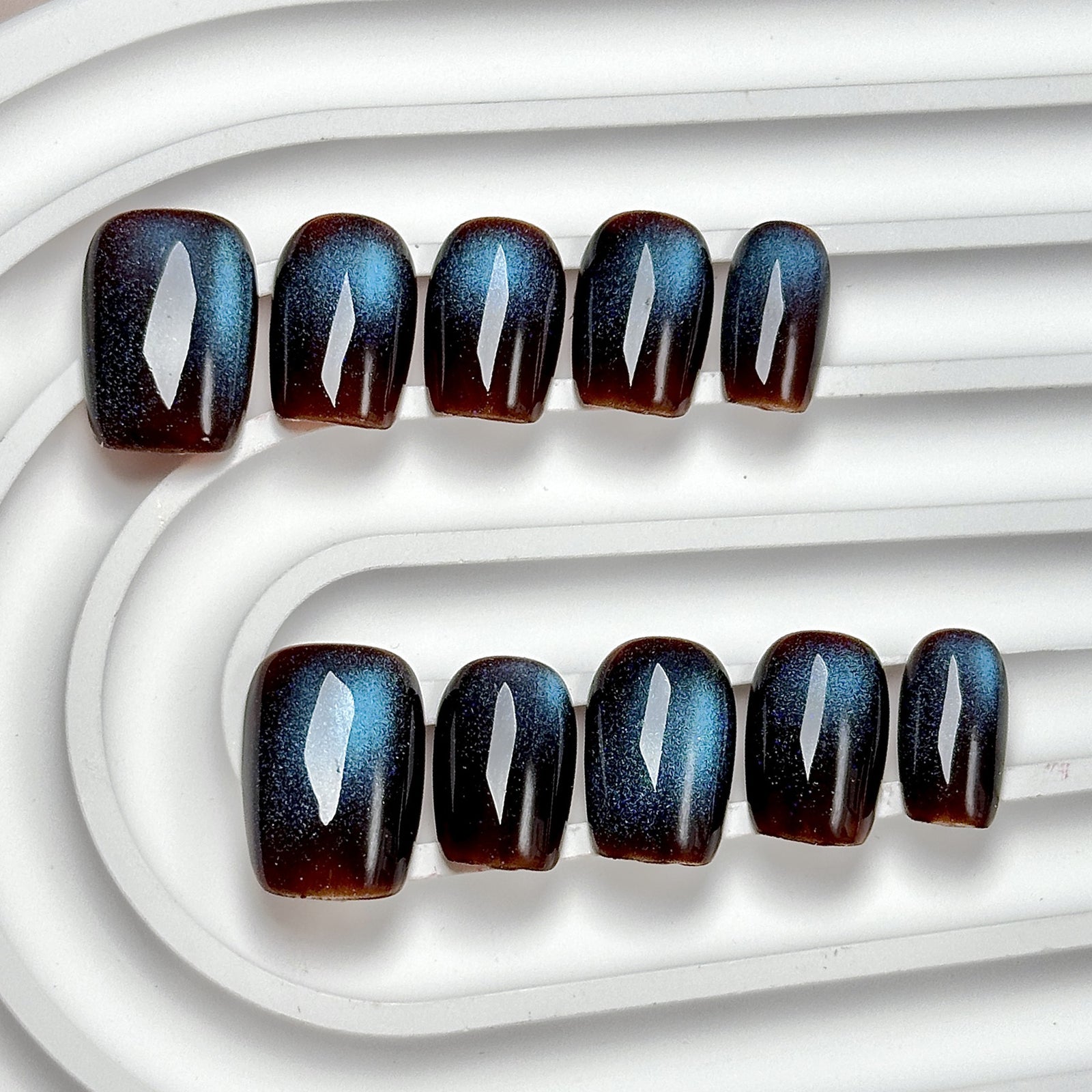 (Handmade) 10pcs/Set Black-Blue Solid Cat Eye Press-On Nails