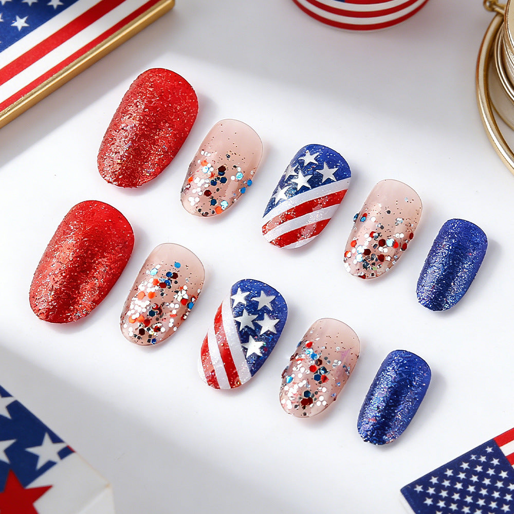 24pcs/Set Red & White Striped Star Glitter Press-On Nails