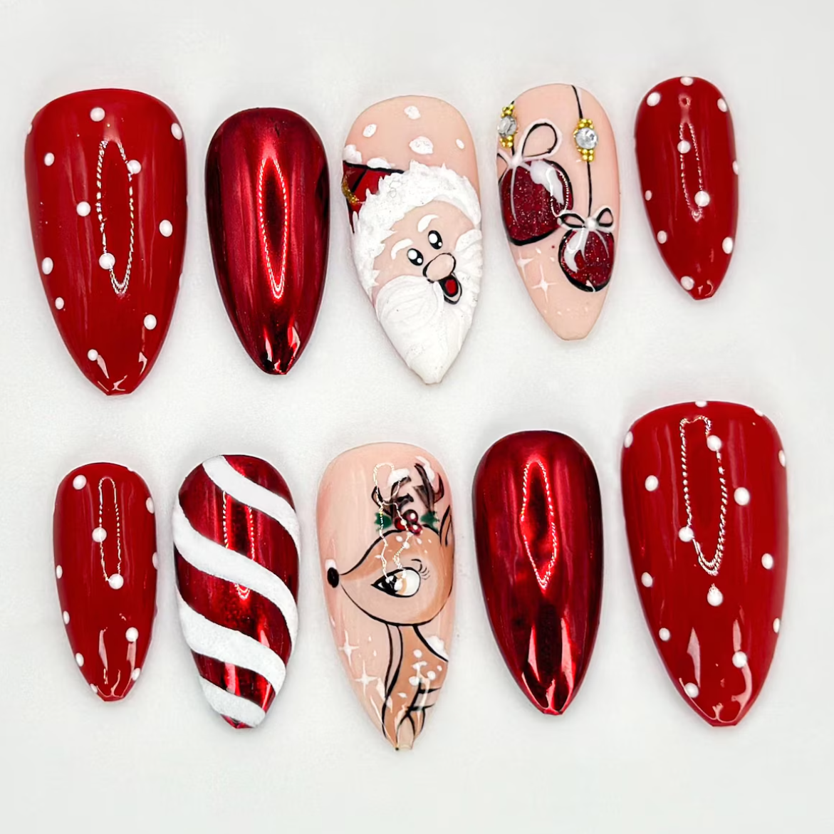 (Handmade) 10pcs/Set Santa, Reindeer and Holiday Ornaments Press On Nails