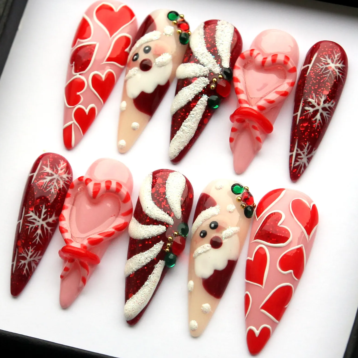 (Handmade) 10pcs/Set 3D Christmas Bow Heart Snowflake Press On Nails
