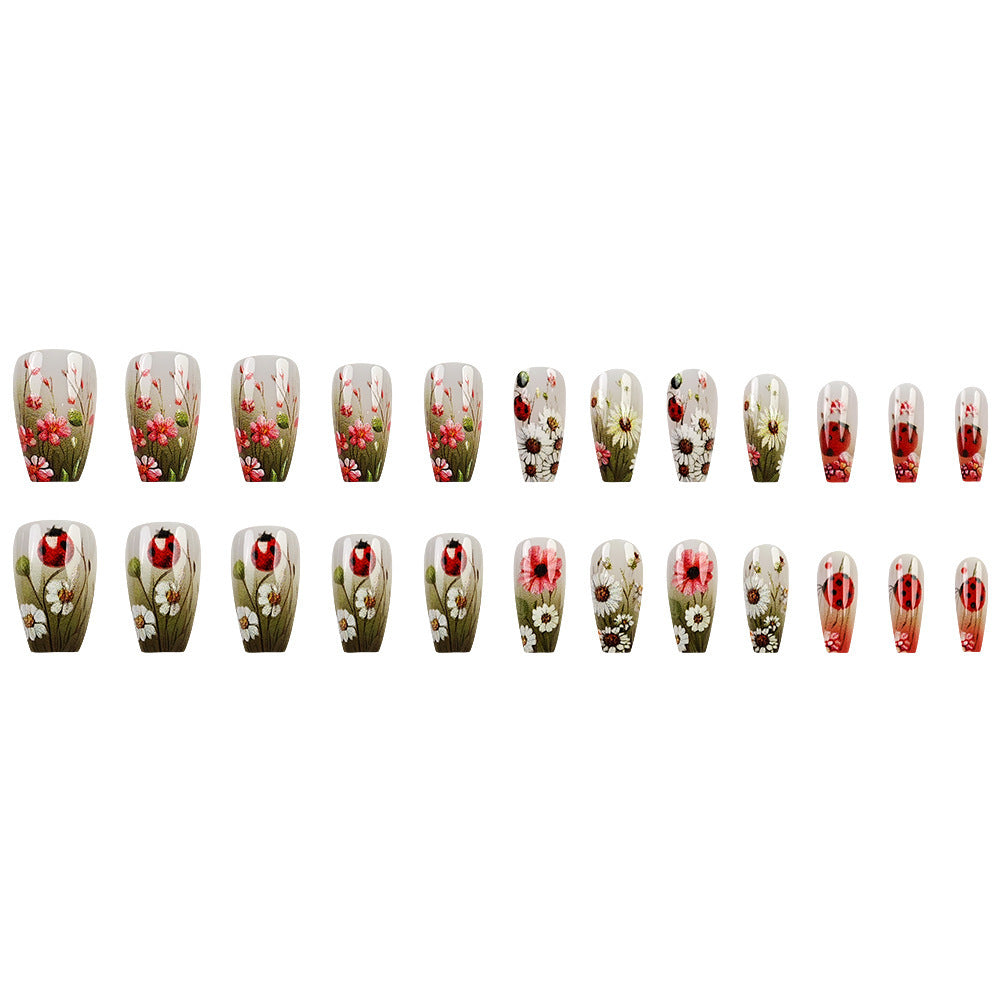 24pcs/Set Ladybug White Daisy Press-On Nails