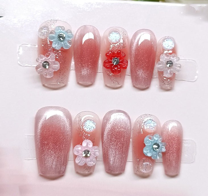 (Handmade) 10pcs/Set Cherry Blossom Gradient Press-On Nails