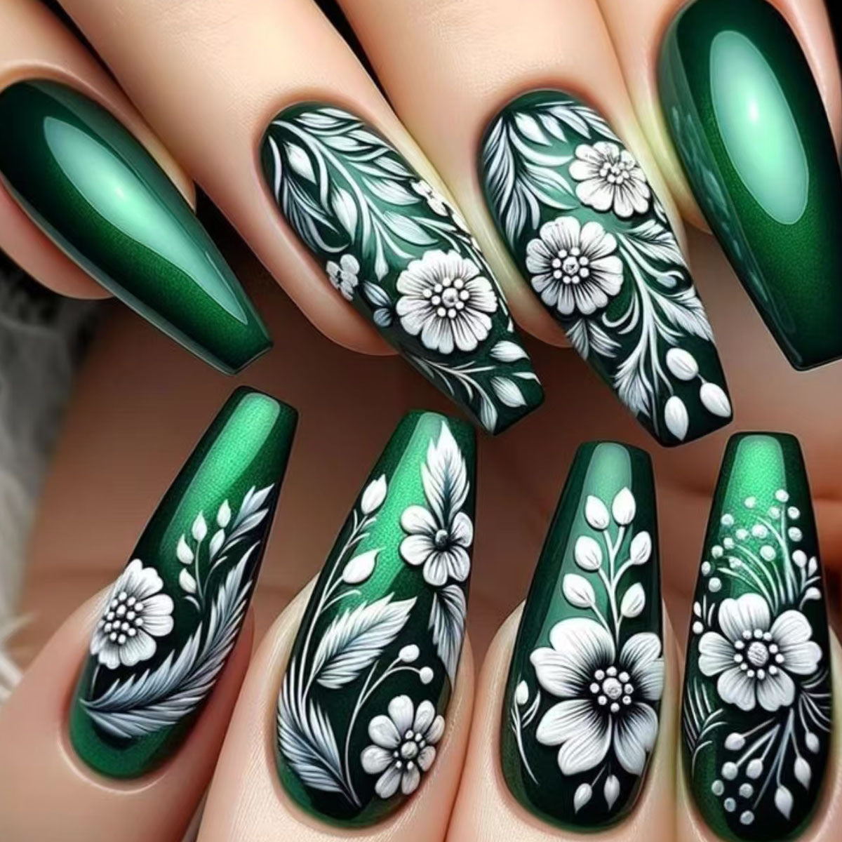 24pcs/Set Green Cat Eye with White Flowers Press-On Nails