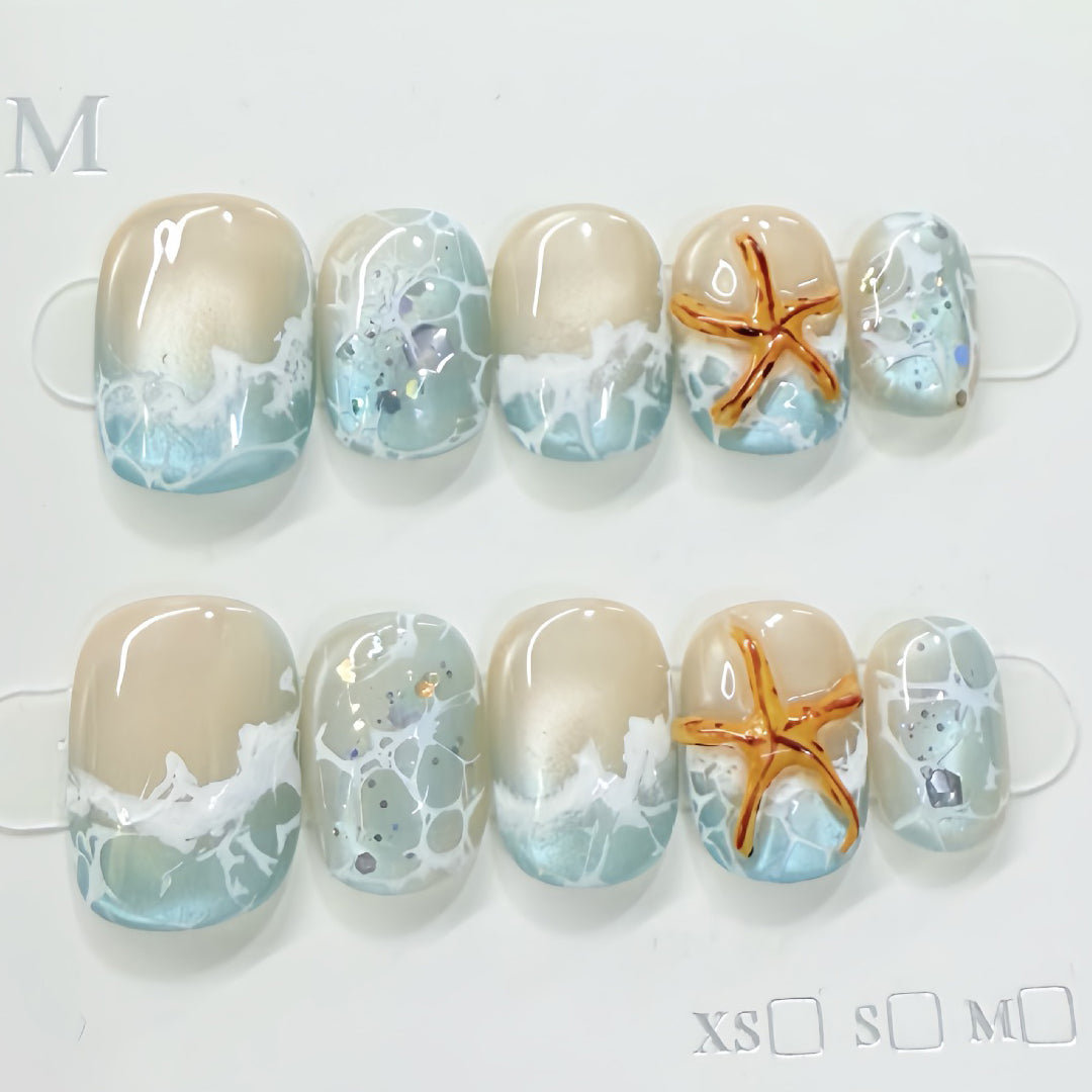 (Handmade) 10pcs/Set Summer Waves and Starfish Press-On Nails