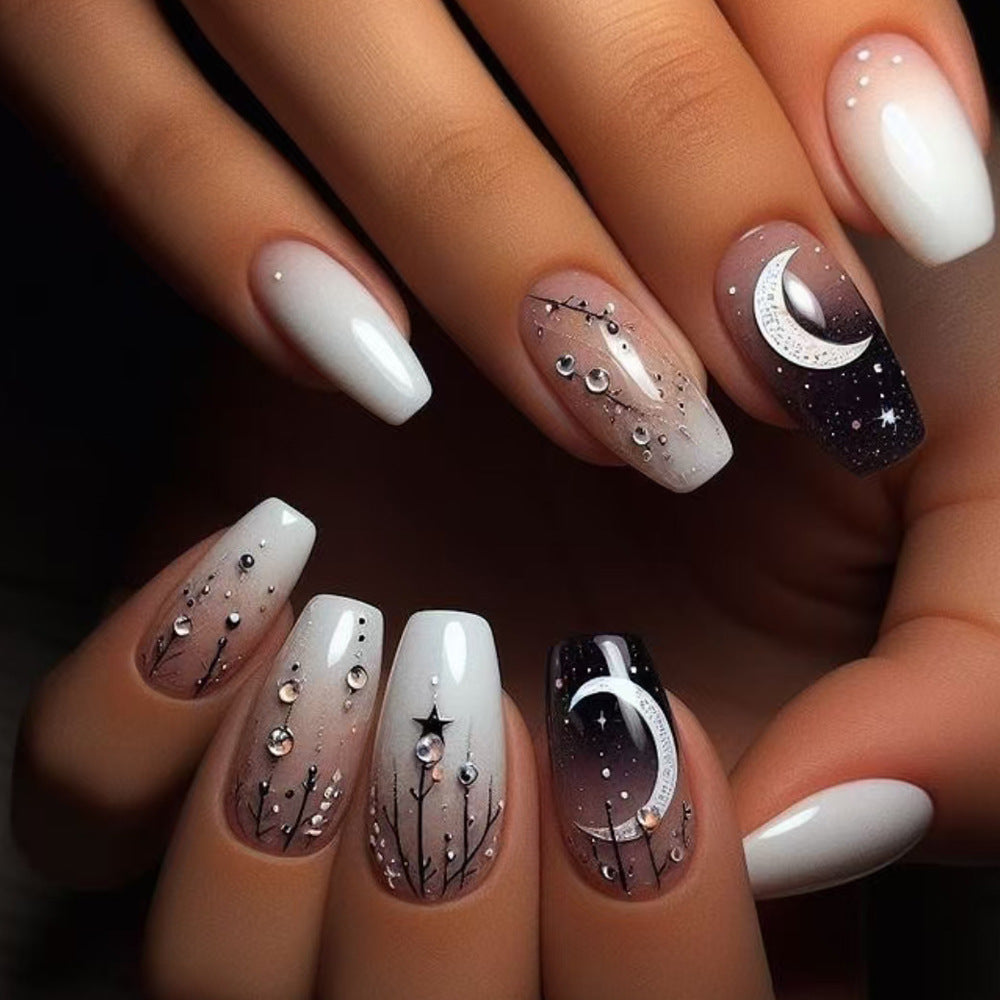 24pcs/Set Starry Moon & Crystal Press-On Nails