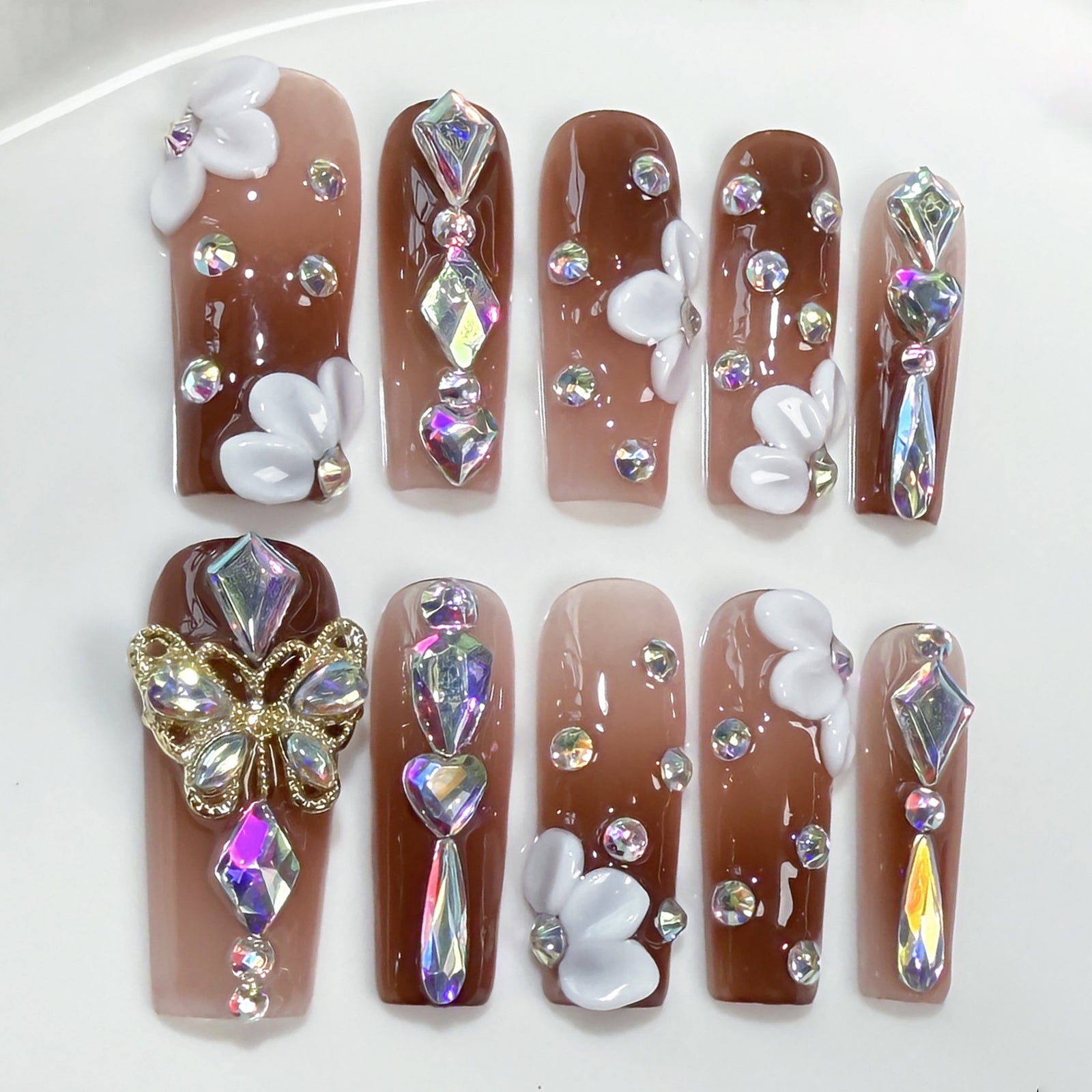 (Handmade) 10pcs/Set 3D Carved Gradient Glitter Shine Press-On Nails