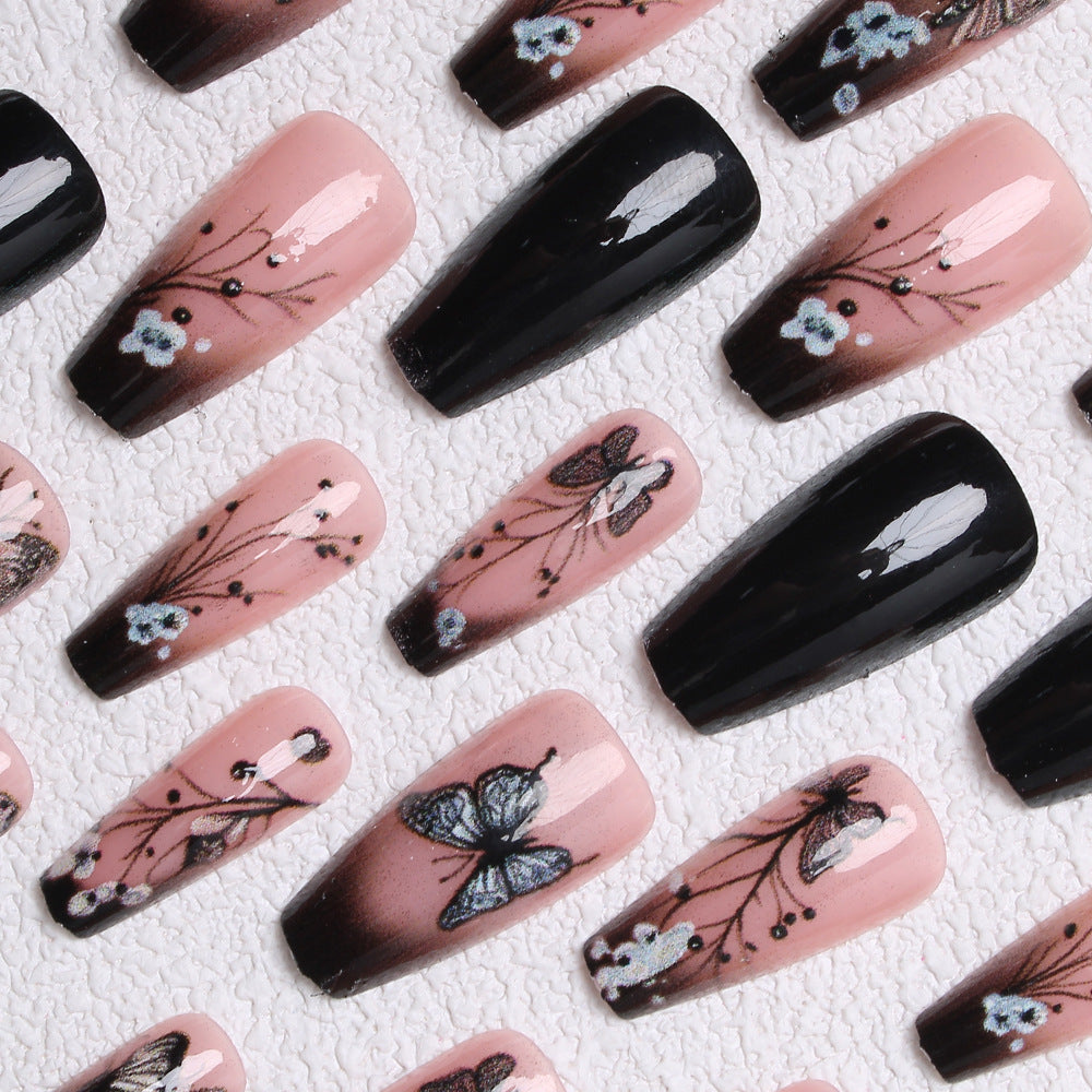 24pcs/Set Black Flowers and Butterflies Press-On Nails