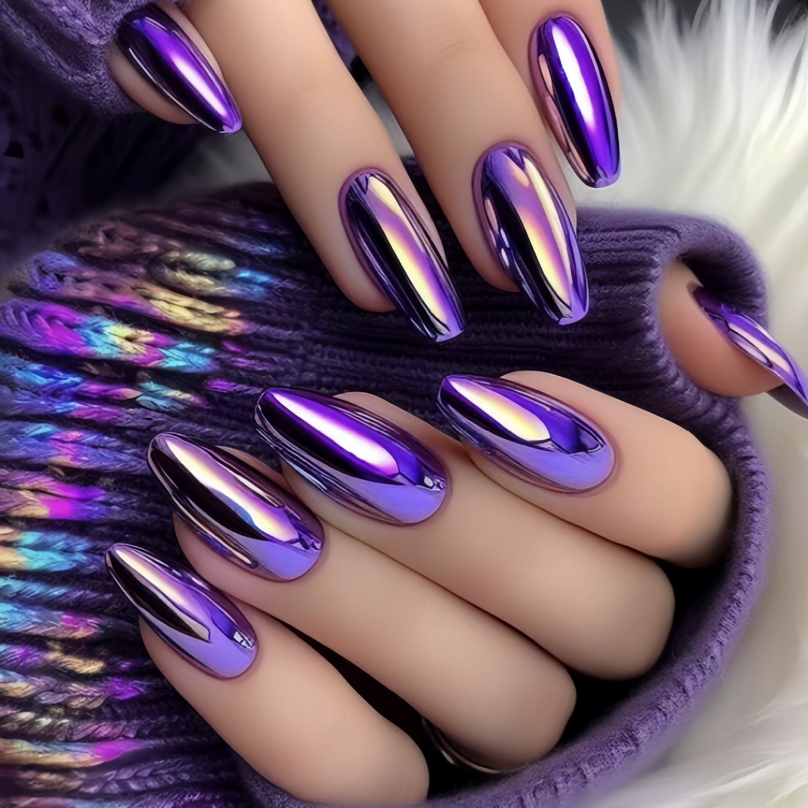 24pcs/Set Purple Aurora Chrome Press-On Nails