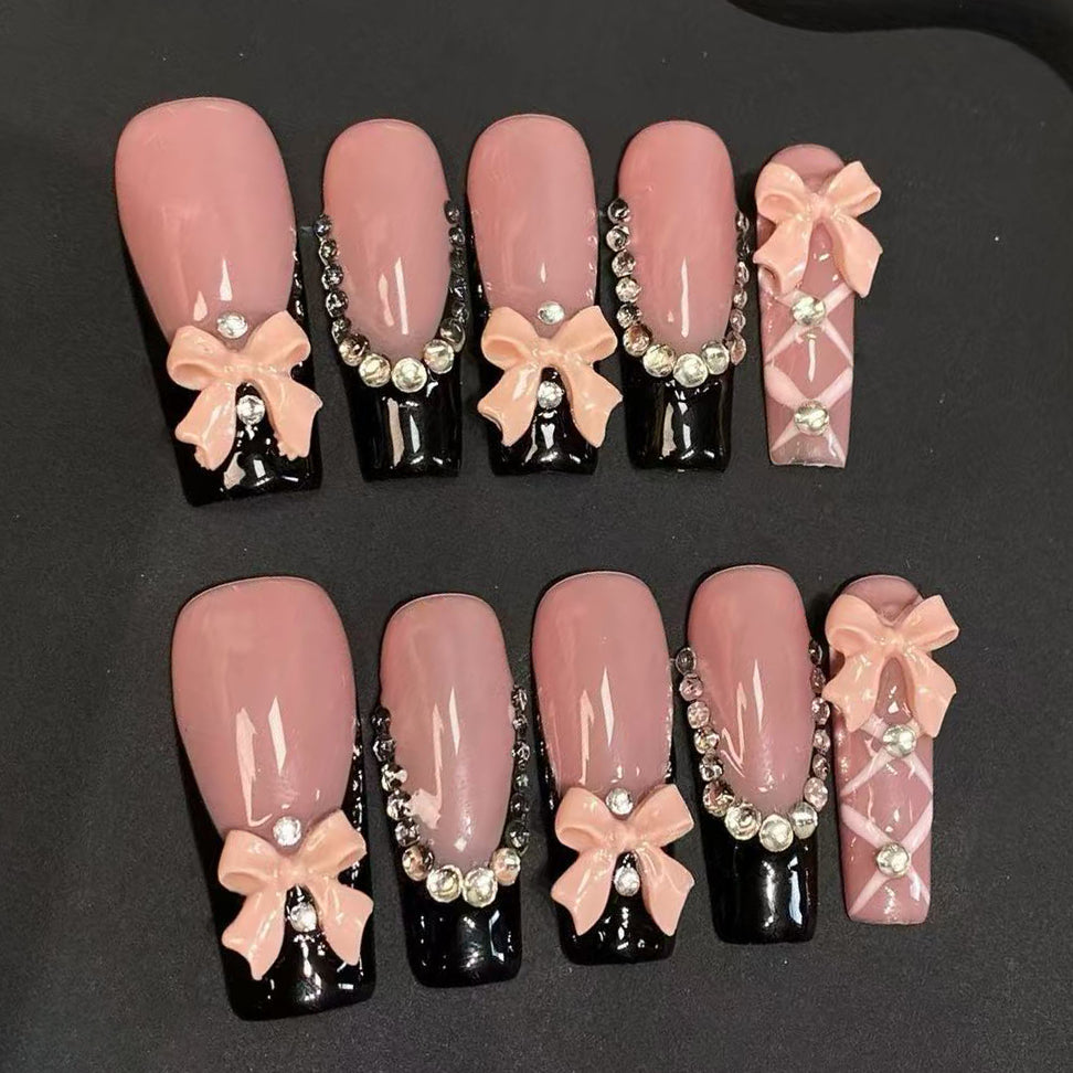 (Handmade) 10pcs/Set Black French Bow Press-On Nails