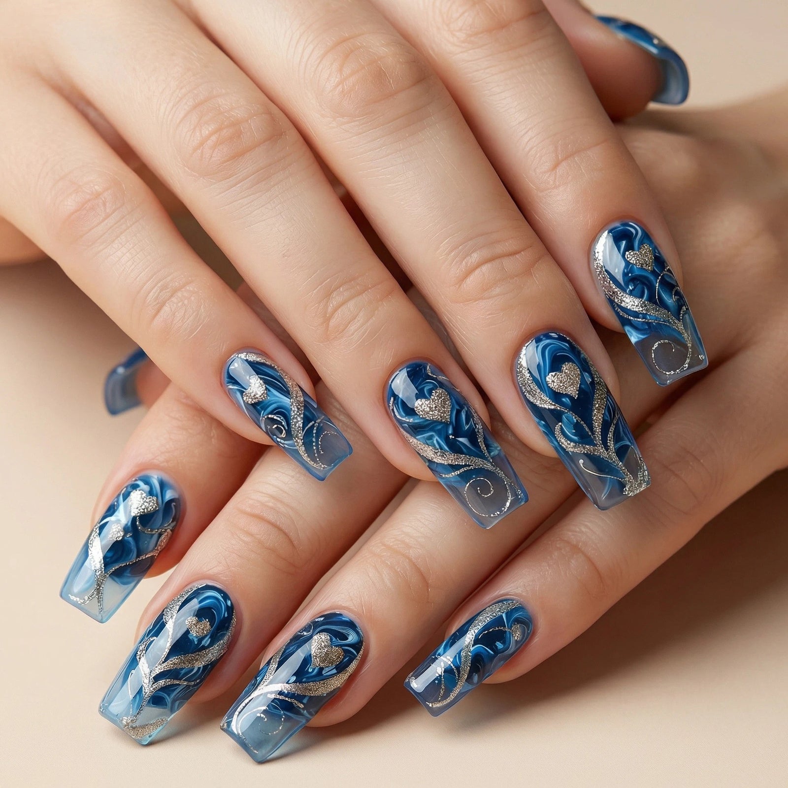 24pcs/Set Glitter Heart Blue Press-On Nails