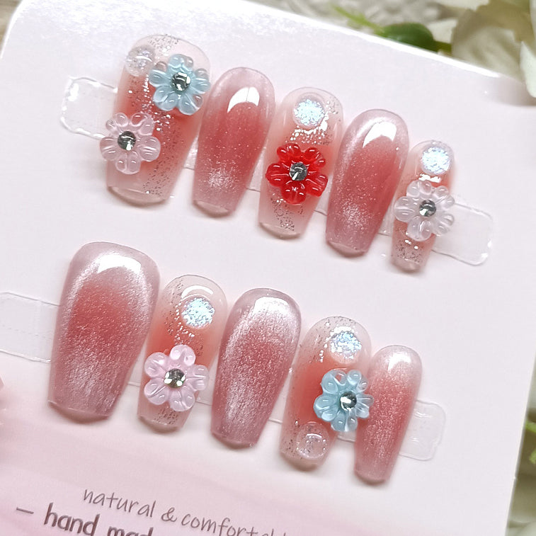 (Handmade) 10pcs/Set Cherry Blossom Gradient Press-On Nails