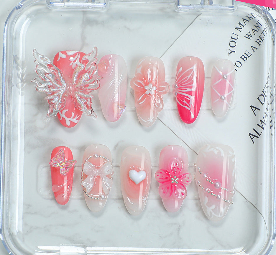 (Handmade) 10pcs/Set 3D Butterfly Wings with Icy Flowers Press-On Nails