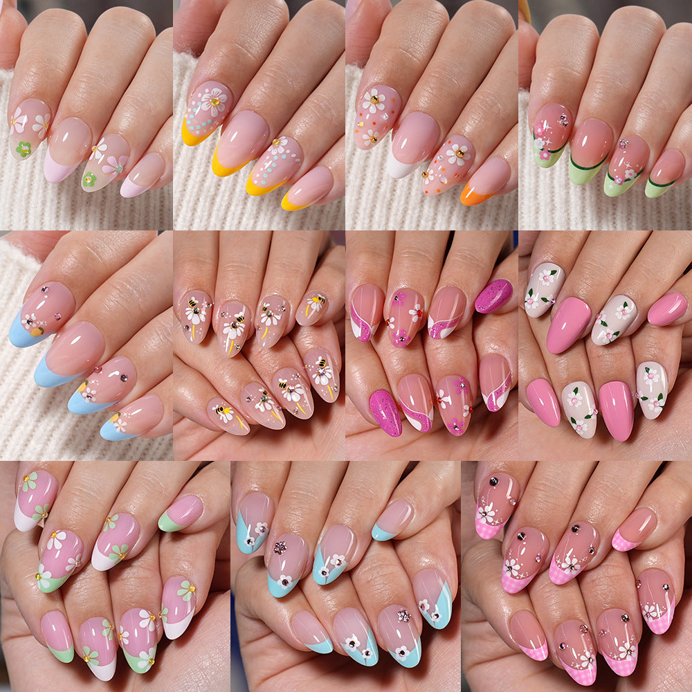 32pcs/Set Decal & Rhinestone French Short Almond Press-On Nails