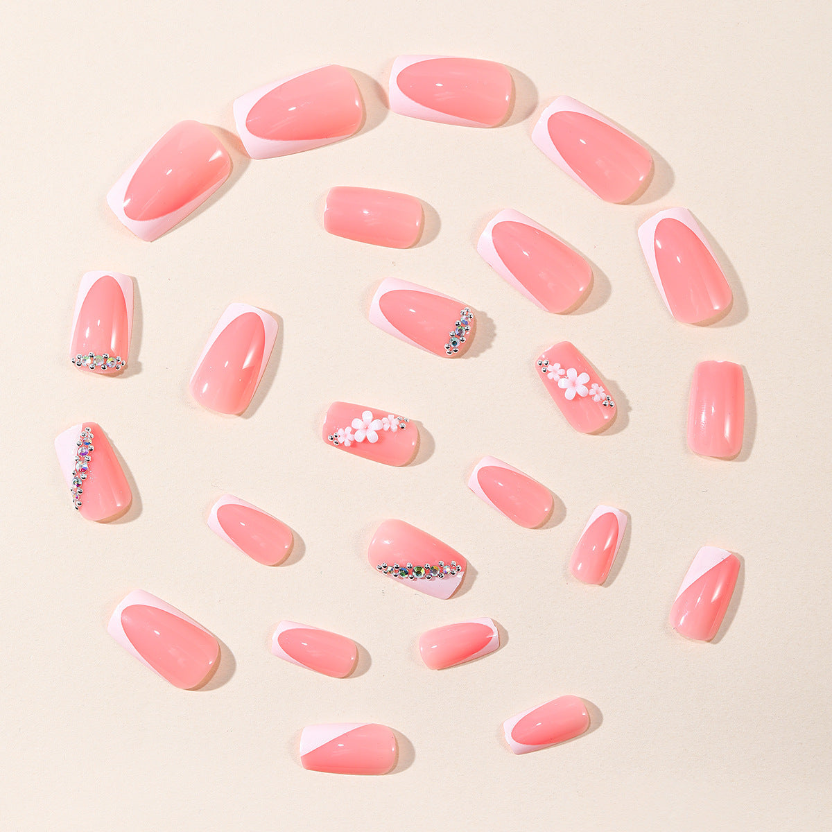 24pcs/Set Irregular French Tip Five-Petal Flowers Short Press On Nails