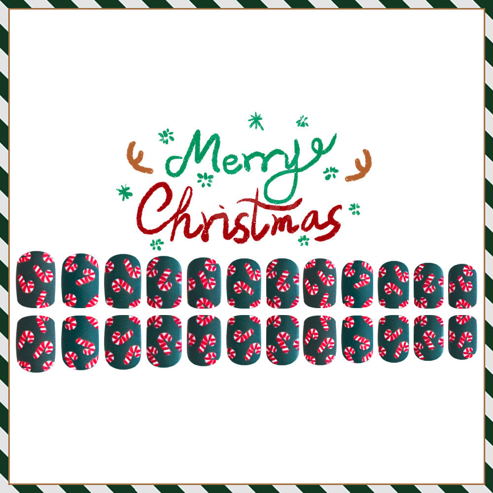 24pcs/Set Christmas Candy Cane Green Short Press-On Nails