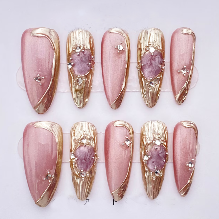 (Handmade) 10pcs/Set Pink Glitter Cat Eye Press-On Nails