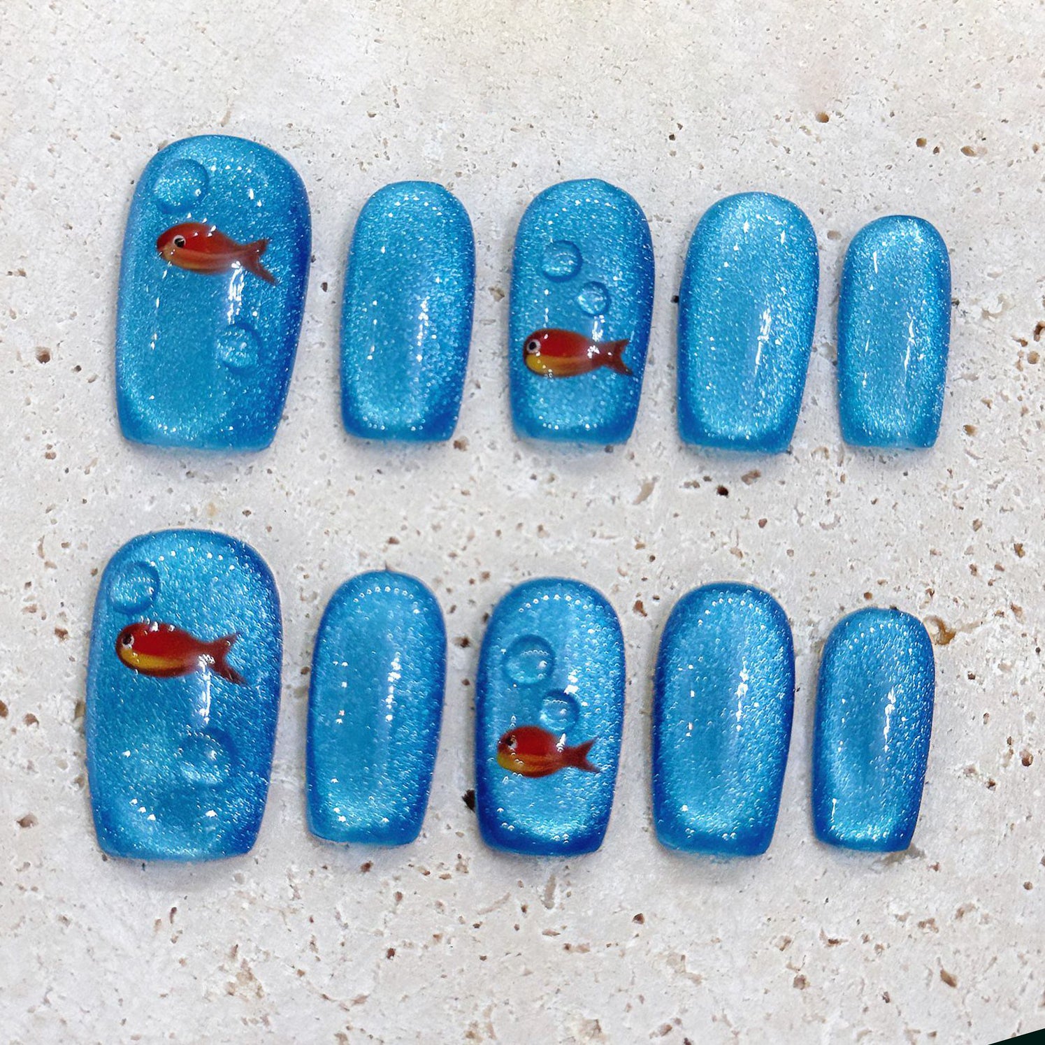 (Handmade) 10pcs/Set Goldfish in The Ocean Press-On Nails