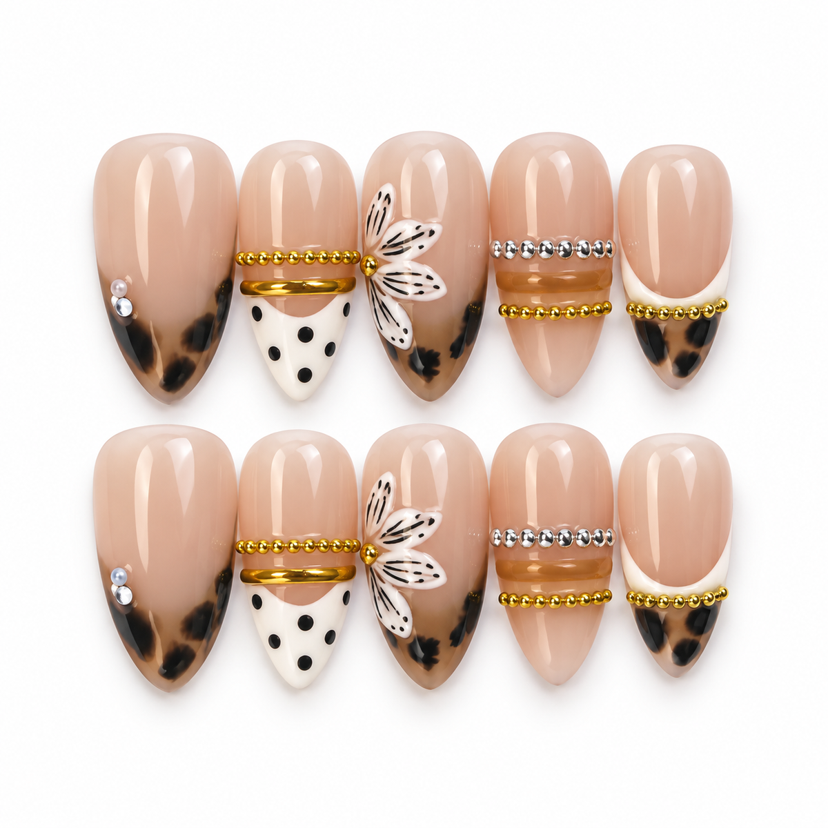 (Handmade) 10pcs/Set Coffee Brown Marble French Tips with 3D Floral Art Press-On Nails