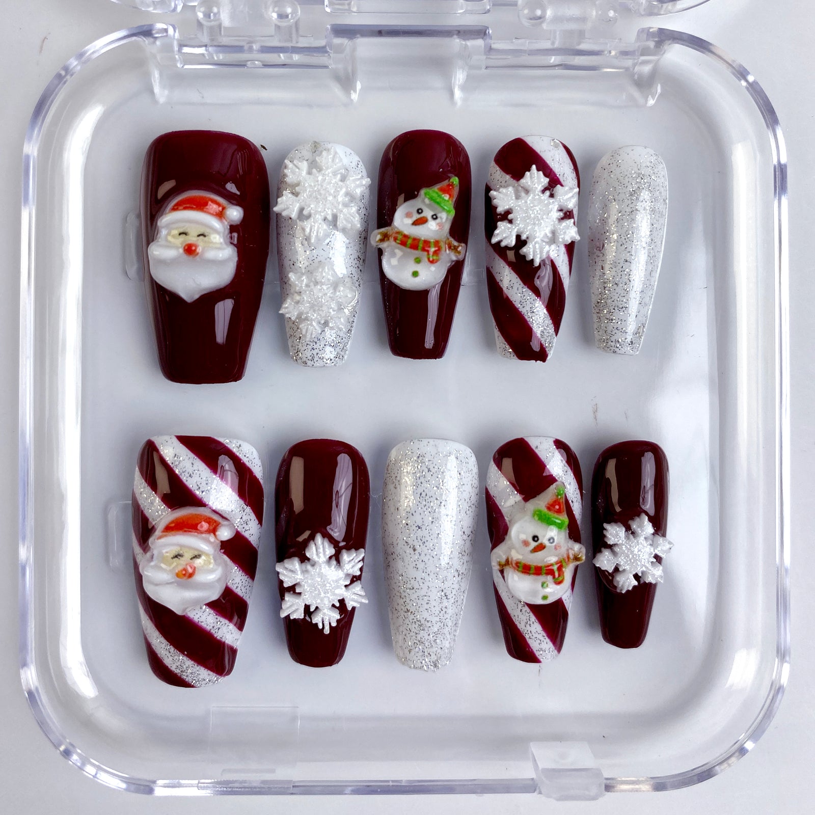 (Handmade) 10pcs/Set Red & White Stripe 3D Snowman Snowflake Christmas Press-On Nails