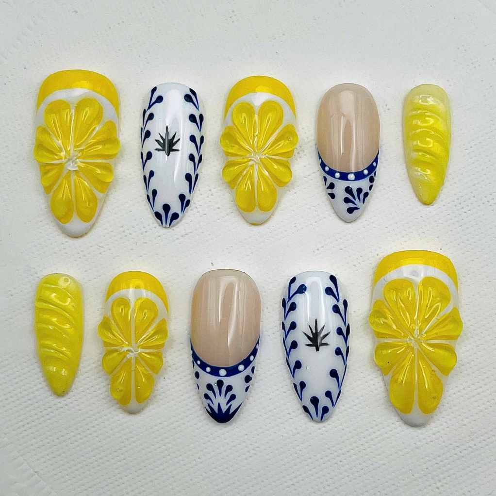 (Handmade) 10pcs/Set Lemon Yellow Blue Tile Citrus 3D Press-On Nails