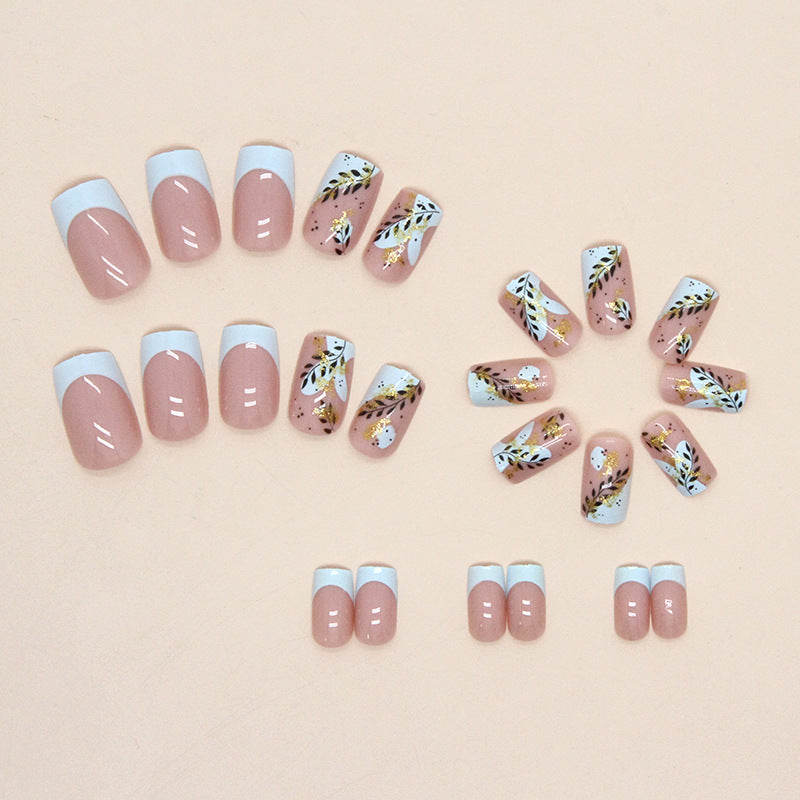 24pcs/Set Gold Glitter Leaf French Tip Press-On Nails