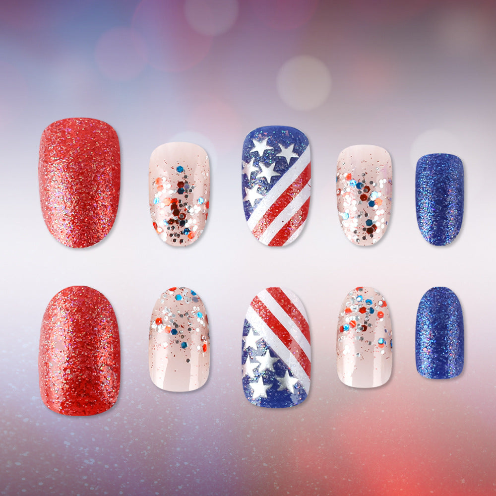 24pcs/Set Red & White Striped Star Glitter Press-On Nails